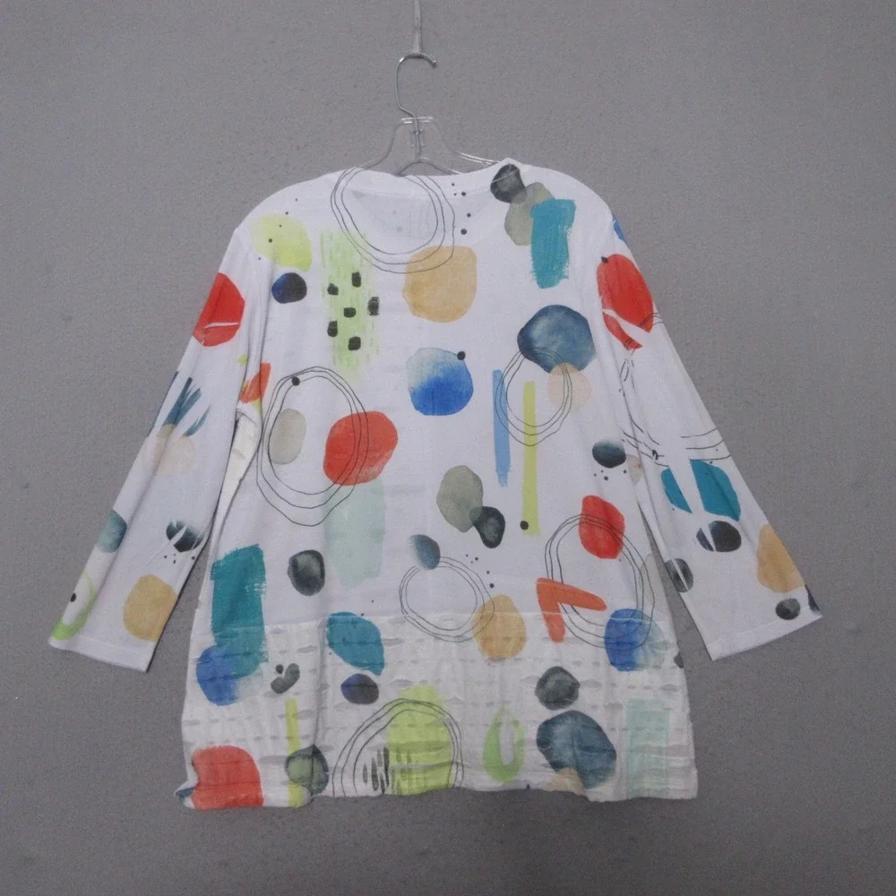 Jess & Jane Top Tunic Medium Colorful Geometric Distressed Art to Wear Lagenlook - Picture 2 of 12